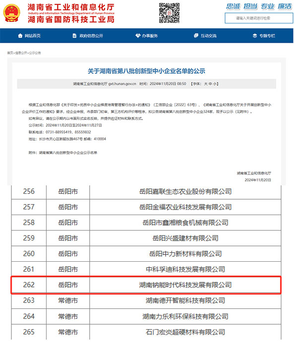 湖南钠能时代科技发展有限公司入选湖南省第八批创新型中小企业名单